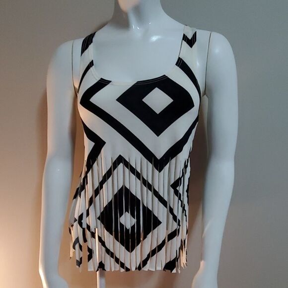 I. Joah Black & White Fringe Tank Top (S) - Picture 2 of 5